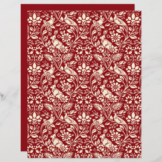 Pheasant and Hare Pattern, Deep Red and Cream   (Front/Back)