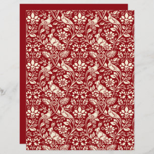 Pheasant and Hare Pattern, Deep Red and Cream  