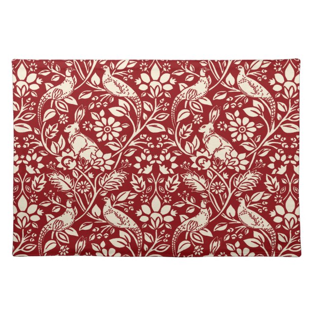 Pheasant and Hare Pattern, Deep Red and Cream  Cloth Placemat (Front)