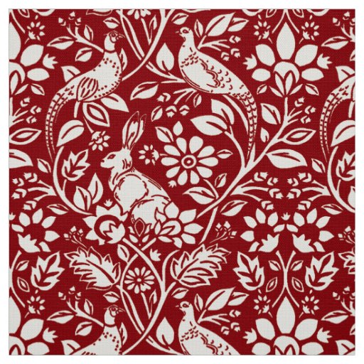 Pheasant and Hare Pattern, Deep Red and Cream Fabric