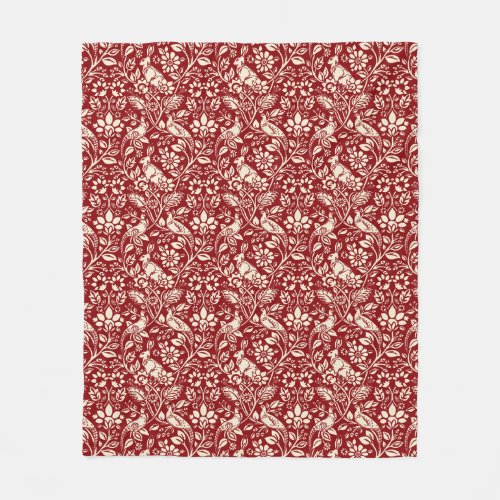 Pheasant and Hare Pattern Deep Red and Cream   Fleece Blanket