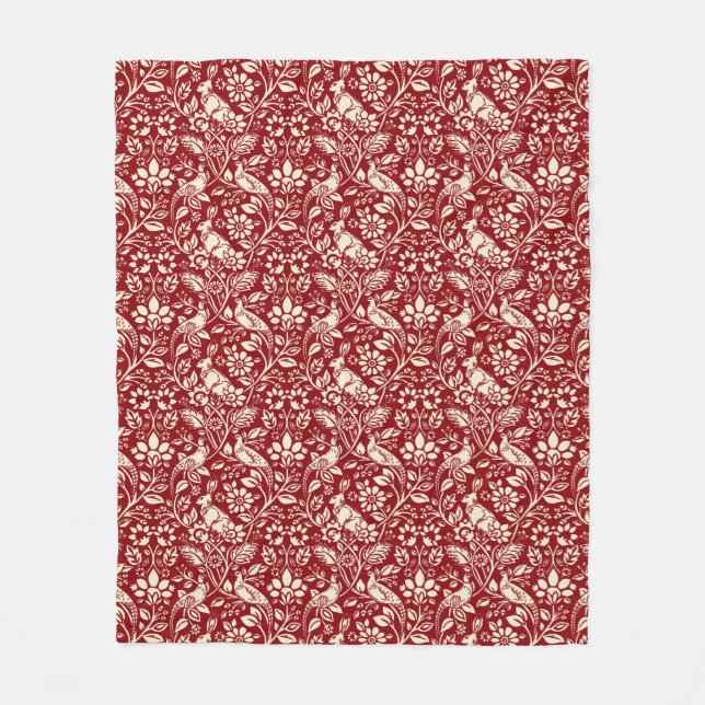 Pheasant and Hare Pattern, Deep Red and Cream   Fleece Blanket (Front)
