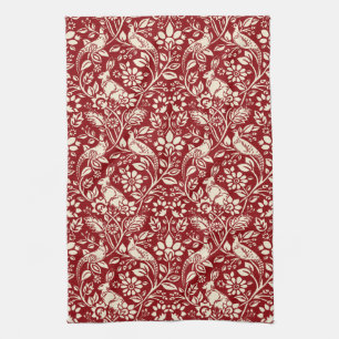 Pheasant and Hare Pattern, Deep Red and Cream Kitchen Towel