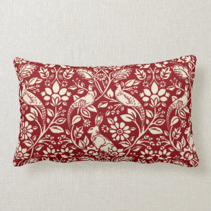 Pheasant and Hare Pattern, Deep Red and Cream Lumbar Pillow