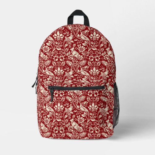 Pheasant and Hare Pattern Deep Red and Cream   Printed Backpack