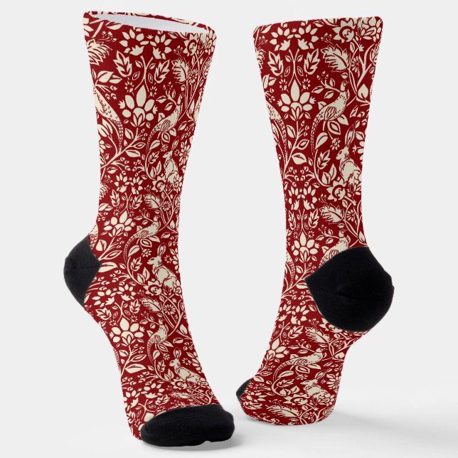 Pheasant and Hare Pattern, Deep Red and Cream   Socks (Angled)