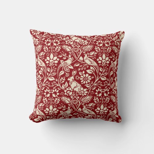 Pheasant and Hare Pattern Deep Red and Cream Throw Pillow