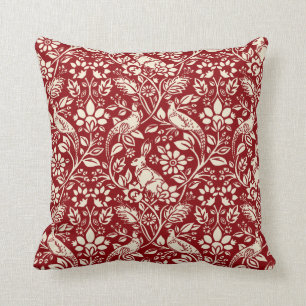 Pheasant and Hare Pattern, Deep Red and Cream Throw Pillow