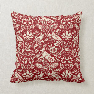Pheasant and Hare Pattern, Deep Red and Cream Throw Pillow