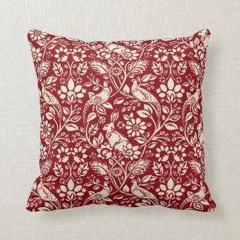 Pheasant And Hare Pattern  Deep Red And Cream Throw Pillow by Floridity at Zazzle