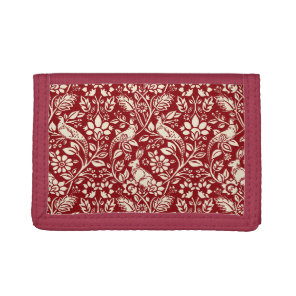 Pheasant and Hare Pattern, Deep Red and Cream   Tri-fold Wallet
