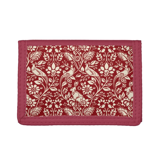 Pheasant and Hare Pattern, Deep Red and Cream   Tri-fold Wallet (Front)