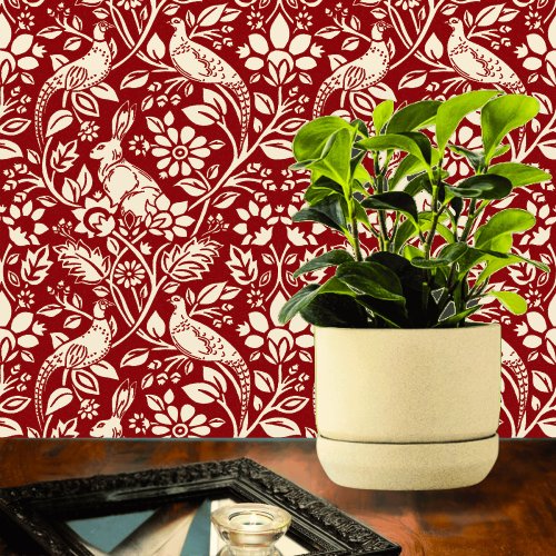 Pheasant and Hare Pattern Deep Red and Cream  Wallpaper