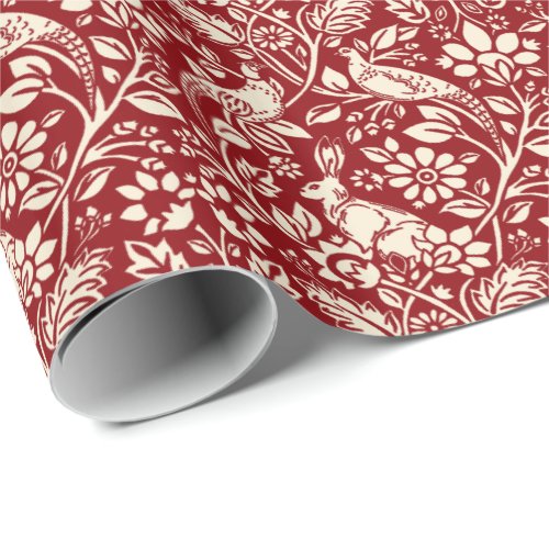 Pheasant and Hare Pattern Deep Red and Cream   Wrapping Paper