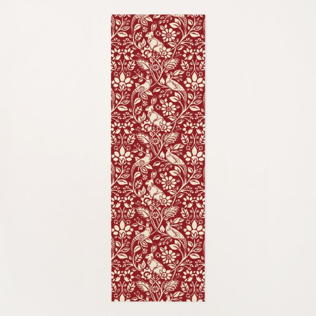 Pheasant and Hare Pattern, Deep Red and Cream Yoga Mat (Front)