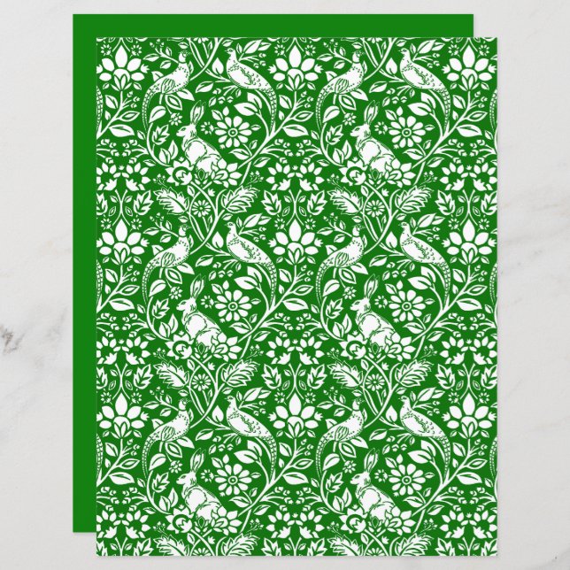 Pheasant and Hare Pattern, Emerald Green and White (Front/Back)