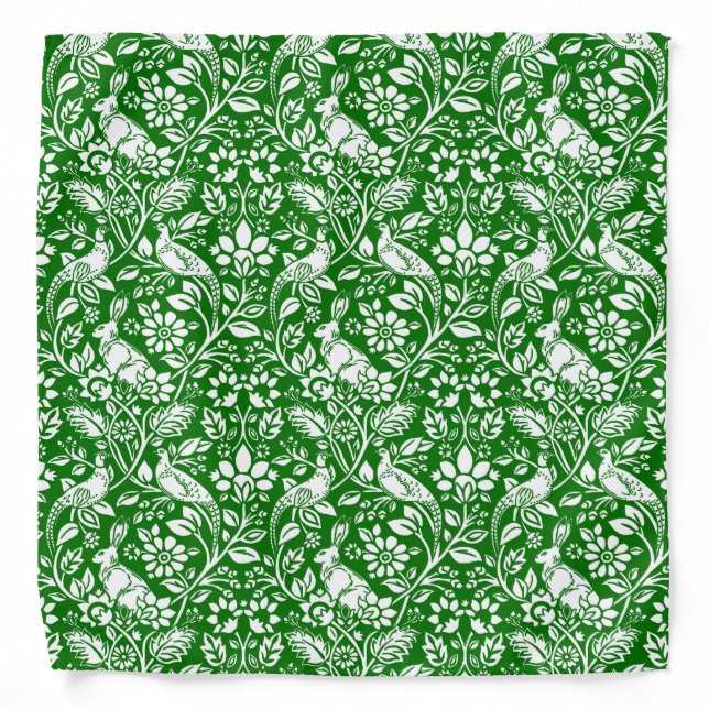 Pheasant and Hare Pattern, Emerald Green and White Bandana (Front)