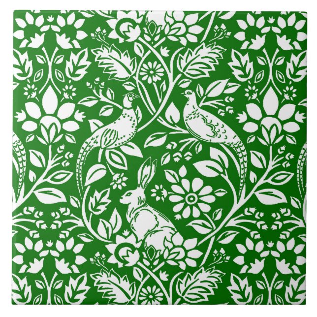 Pheasant and Hare Pattern, Emerald Green and White Ceramic Tile (Front)