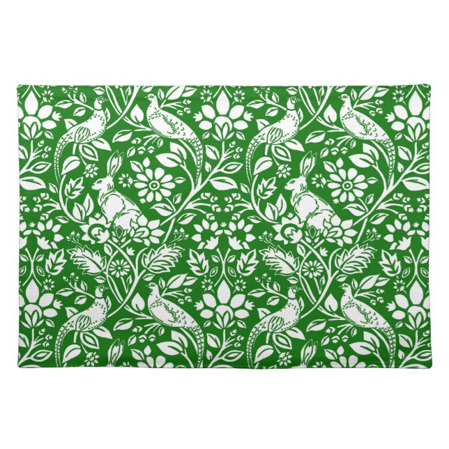 Pheasant and Hare Pattern, Emerald Green and White Cloth Placemat (Front)