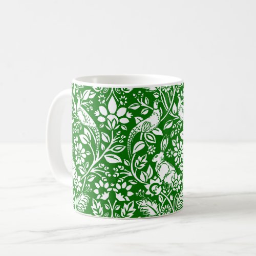 Pheasant and Hare Pattern Emerald Green and White Coffee Mug