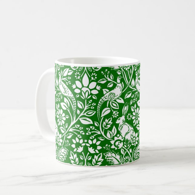 Pheasant and Hare Pattern, Emerald Green and White Coffee Mug (Front Left)