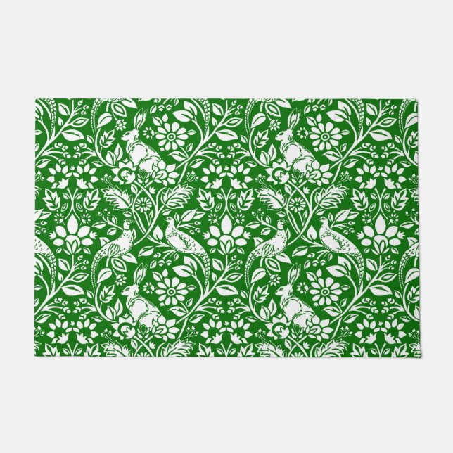 Pheasant and Hare Pattern, Emerald Green and White Doormat (Front)