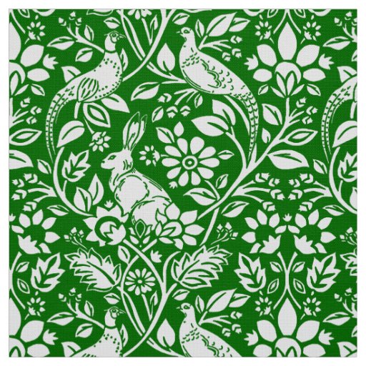 Pheasant and Hare Pattern, Emerald Green and White Fabric