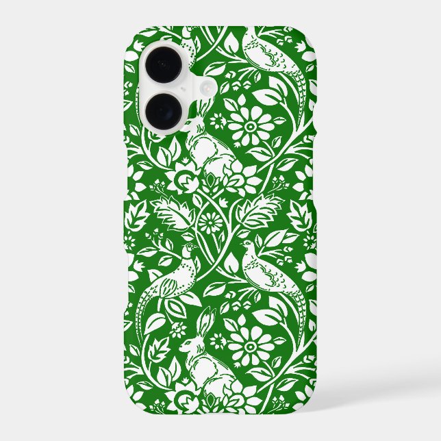 Pheasant and Hare Pattern, Emerald Green and White Iphone Case (Back)