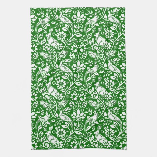 Pheasant and Hare Pattern, Emerald Green and White Kitchen Towel (Vertical)