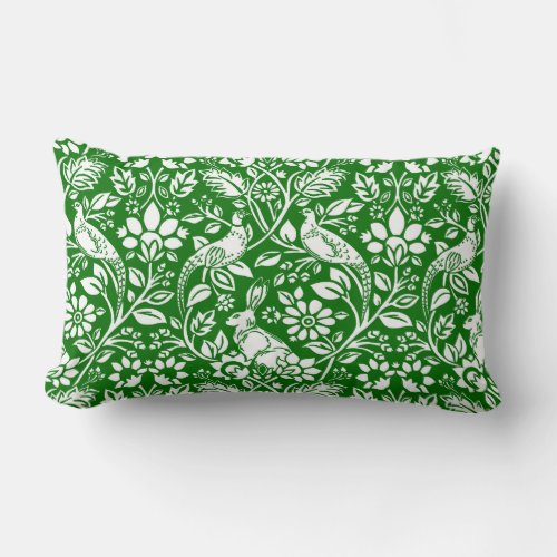 Pheasant and Hare Pattern Emerald Green and White Lumbar Pillow