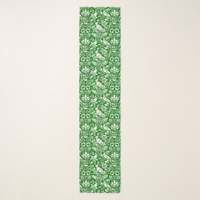 Pheasant and Hare Pattern, Emerald Green and White Scarf (Front)