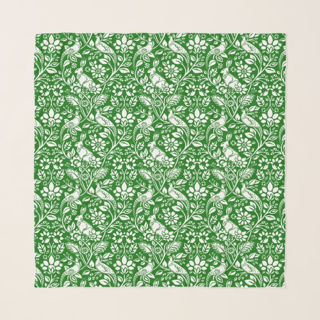 Pheasant and Hare Pattern, Emerald Green and White Scarf (Front (Horizontal))