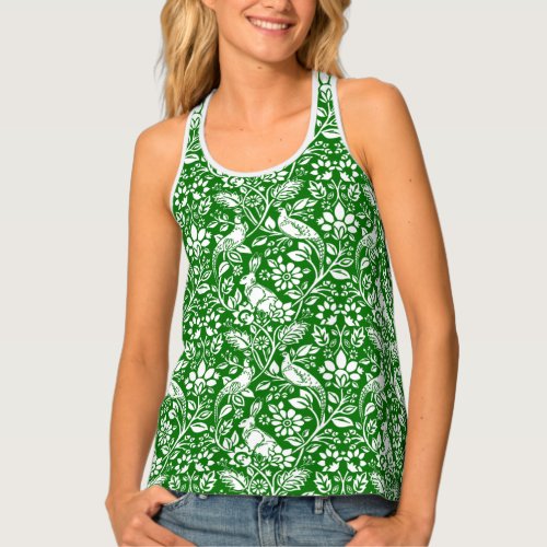 Pheasant and Hare Pattern Emerald Green and White Tank Top