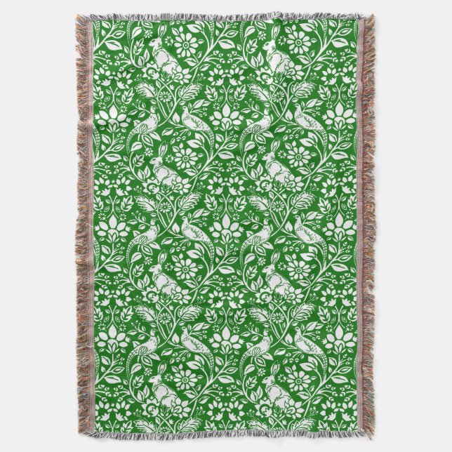 Pheasant and Hare Pattern, Emerald Green and White Throw Blanket (Front Vertical)