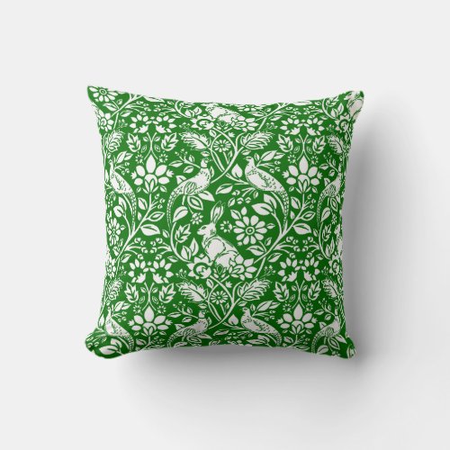 Pheasant and Hare Pattern Emerald Green and White Throw Pillow