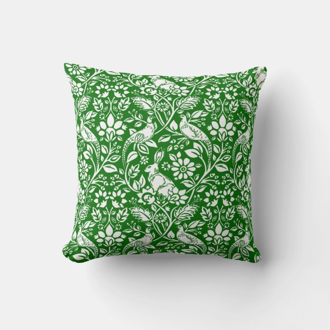 Pheasant and Hare Pattern, Emerald Green and White Throw Pillow (Front)