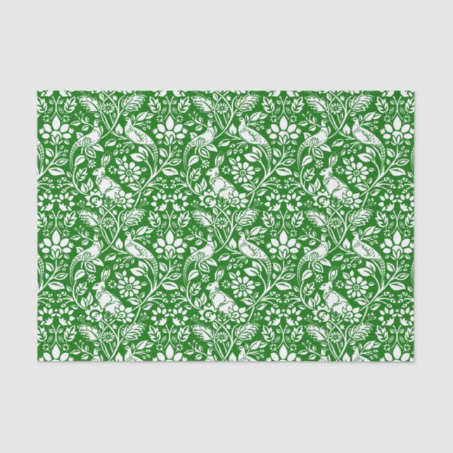 Pheasant and Hare Pattern, Emerald Green and White Tissue Paper (Front)
