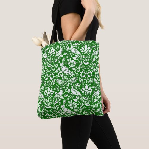 Pheasant and Hare Pattern Emerald Green and White Tote Bag
