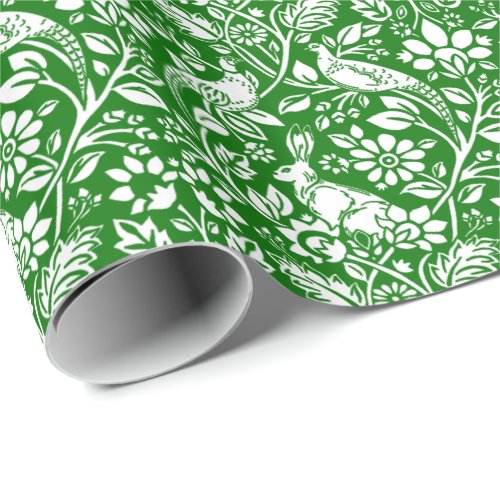 Pheasant and Hare Pattern Emerald Green and White Wrapping Paper