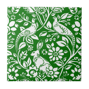 Pheasant and Hare Pattern, Emerald Green & White Ceramic Tile