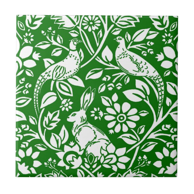 Pheasant and Hare Pattern, Emerald Green & White Ceramic Tile (Front)