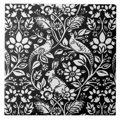 Pheasant and Hare Pattern in Black and White Ceramic Tile