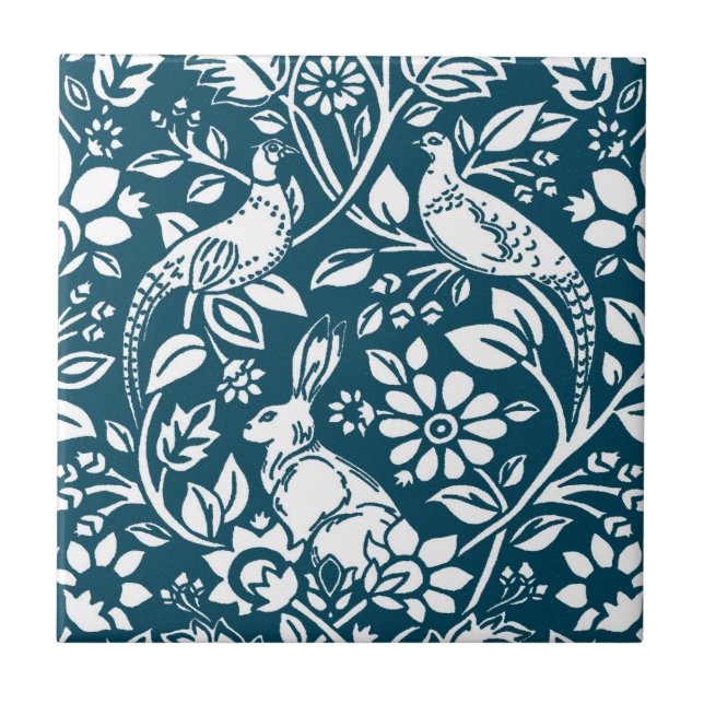 Pheasant and Hare Pattern, Indigo Blue and White Ceramic Tile (Front)