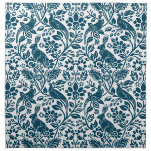 Pheasant and Hare Pattern, Indigo Blue and White Cloth Napkin