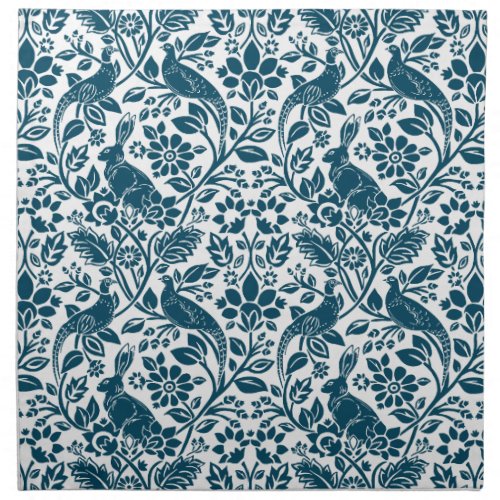 Pheasant and Hare Pattern Indigo Blue and White Cloth Napkin