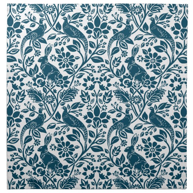 Pheasant and Hare Pattern, Indigo Blue and White Cloth Napkin (Front)
