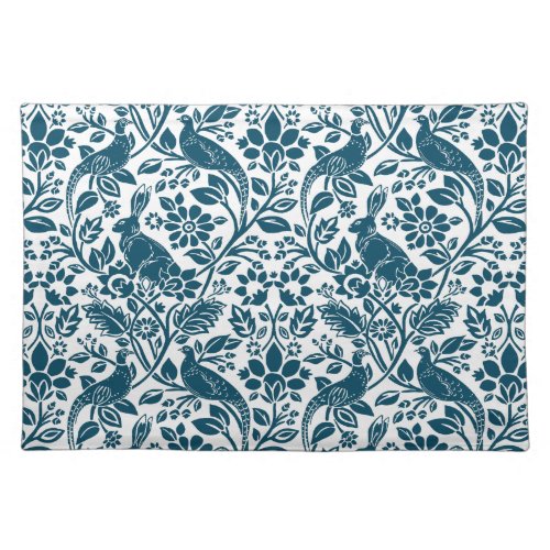 Pheasant and Hare Pattern Indigo Blue and White Cloth Placemat