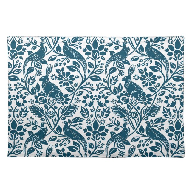 Pheasant and Hare Pattern, Indigo Blue and White Cloth Placemat (Front)