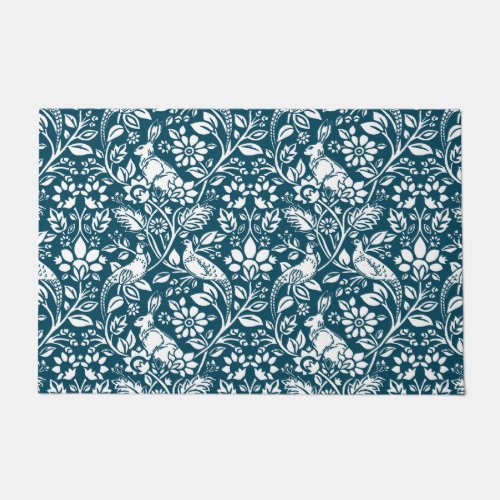 Pheasant and Hare Pattern Indigo Blue and White D Doormat