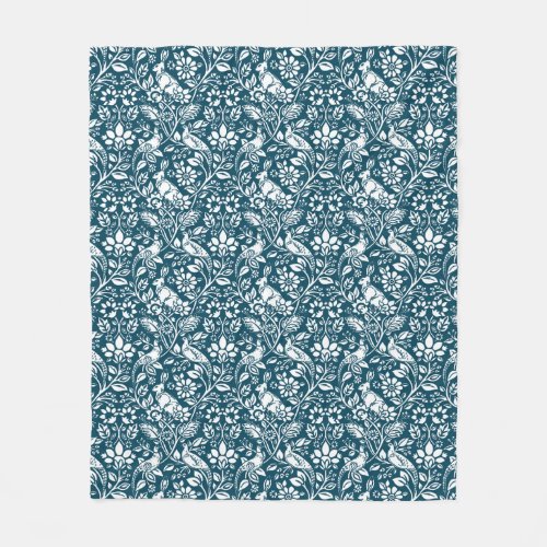 Pheasant and Hare Pattern Indigo Blue and White Fleece Blanket